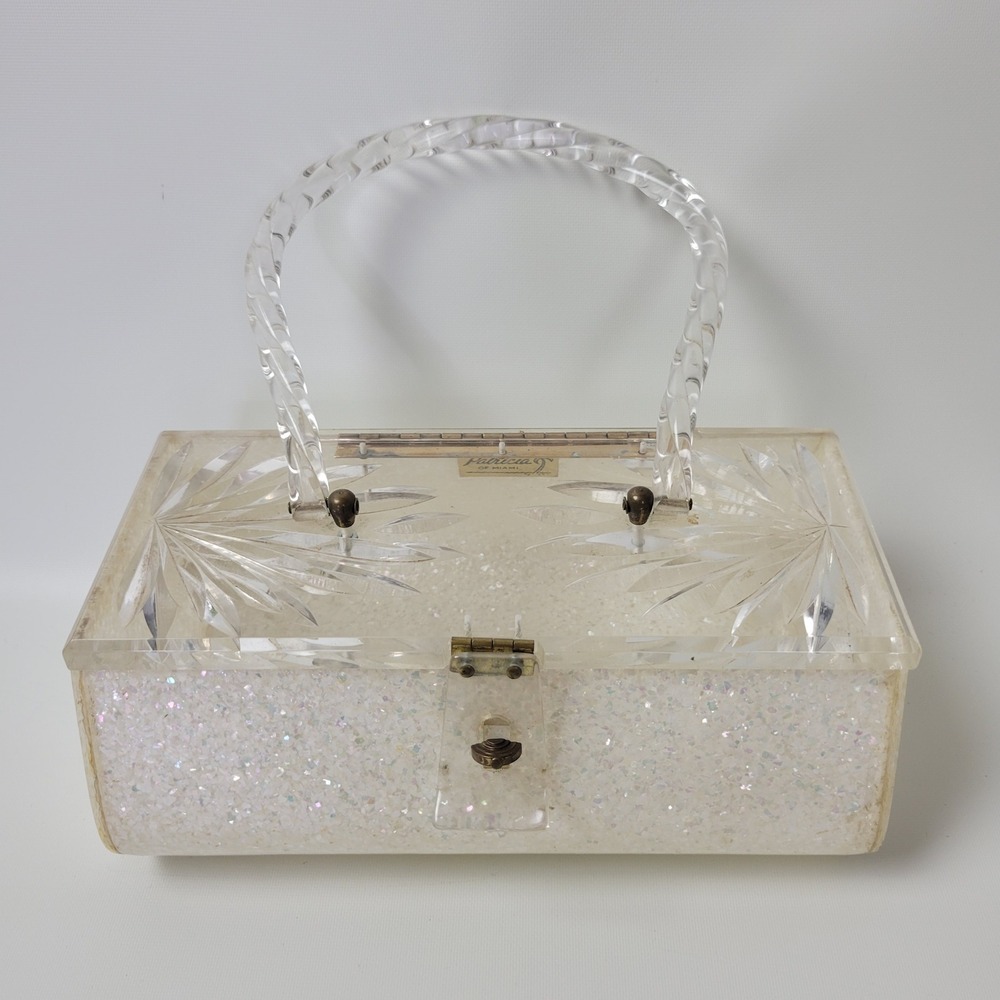 Vtg Patricia of Miami Lucite Box Purse White Confetti Glitter Carved Sunburst
